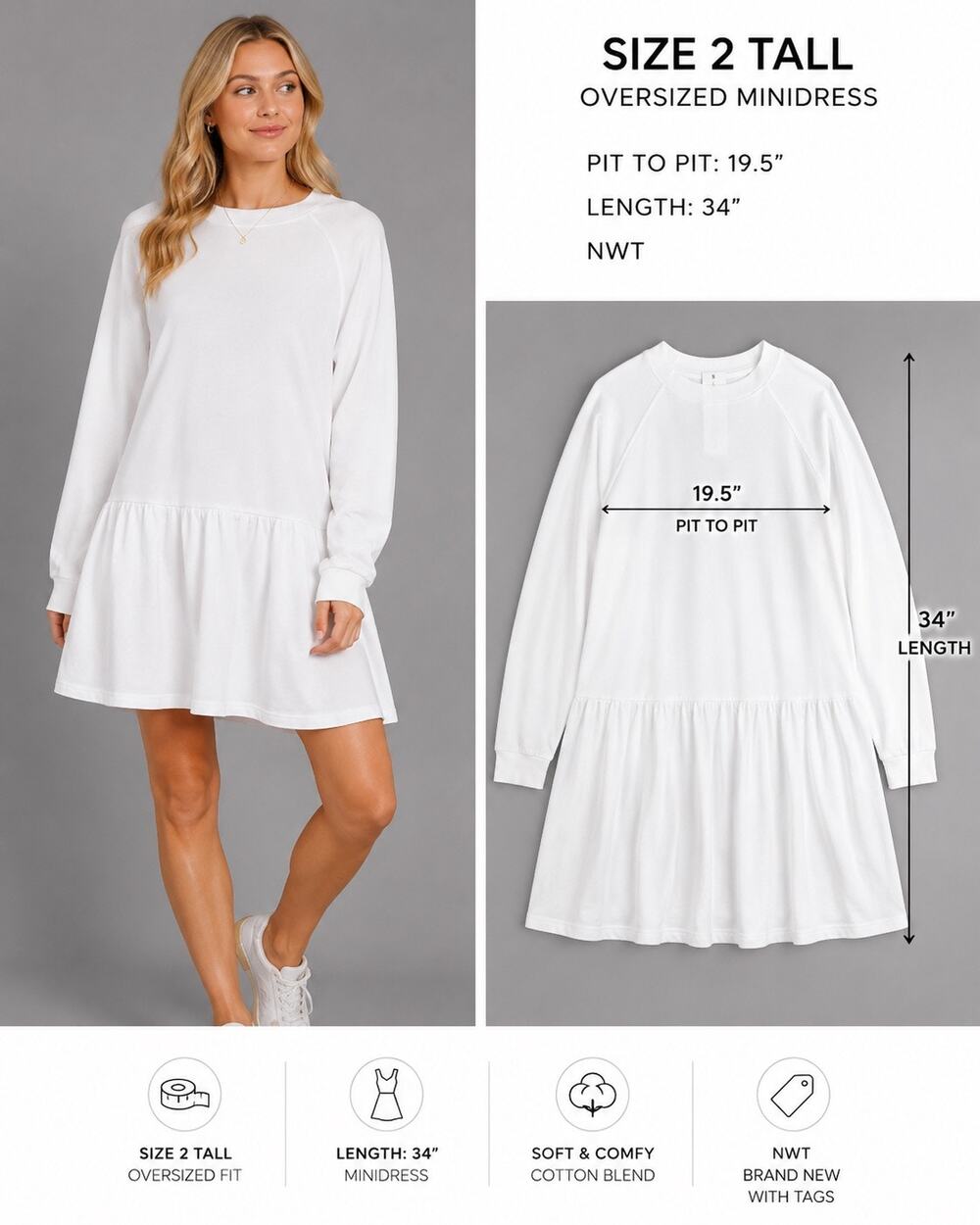 Missguided Anthropologie Oversized White Sweatshirt Mini Dress Women Size 2 Tall